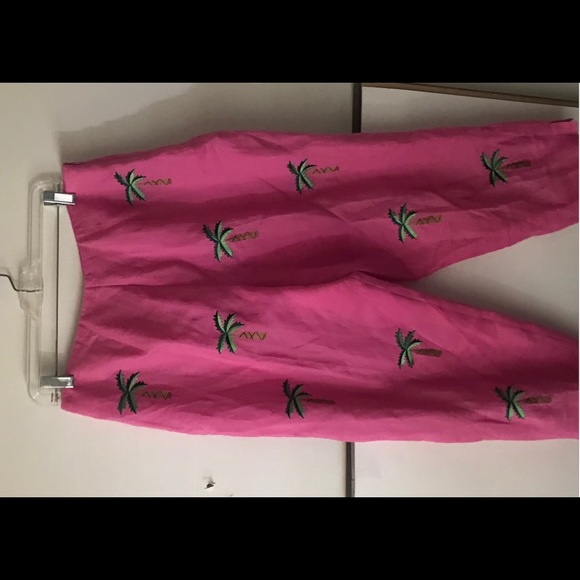 New CJ Laing Pink Linen Pants with Palm Trees Pink size 14 Cruise Summer - Picture 9 of 16